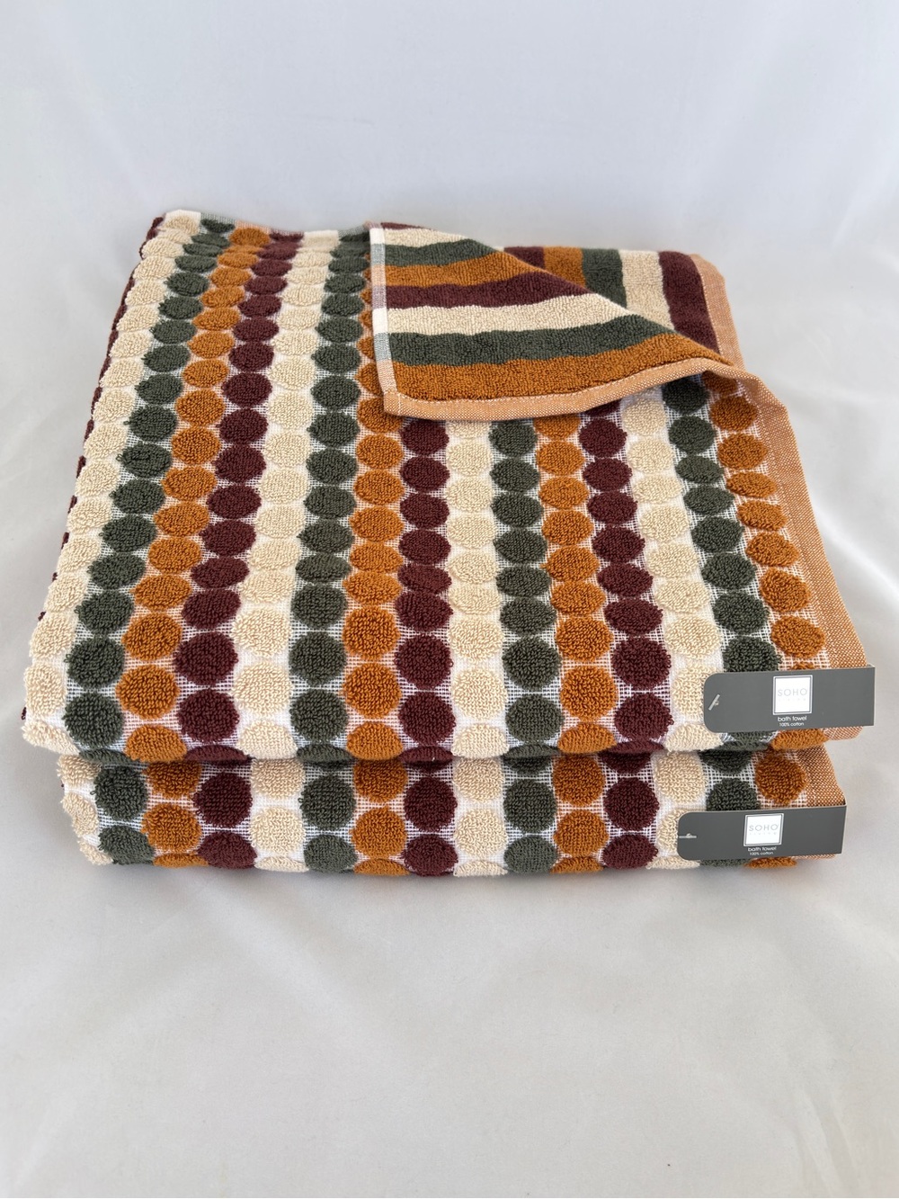 NWT Soho Living 2Pc Cotton Retro Earth Tone Polka Dot Striped Fall Bath Towels